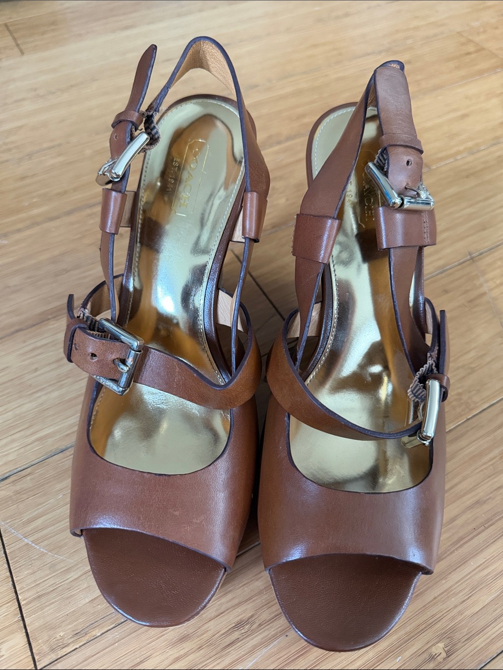 Coach Brown Leather Wedge Slingback Sandals with Gold Footbed